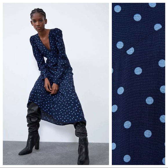 NWT. Zara Blue Polka Dots Midi Dress. Size L. - Picture 3 of 10